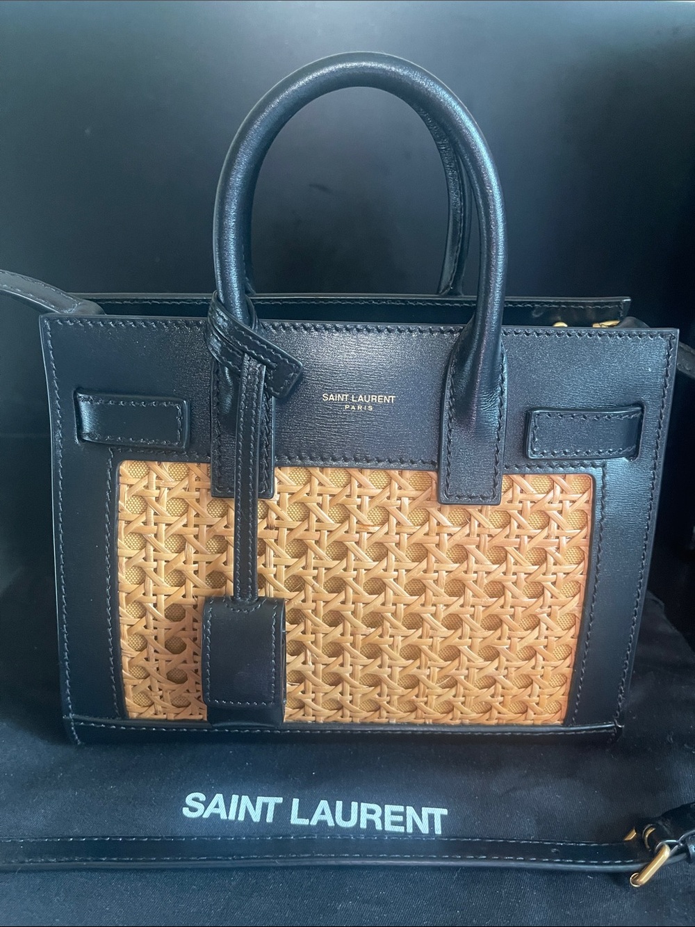Saint Laurent Black Leather and Natural Rattan Classic Sac De Jour Nano Tote - Picture 5 of 16